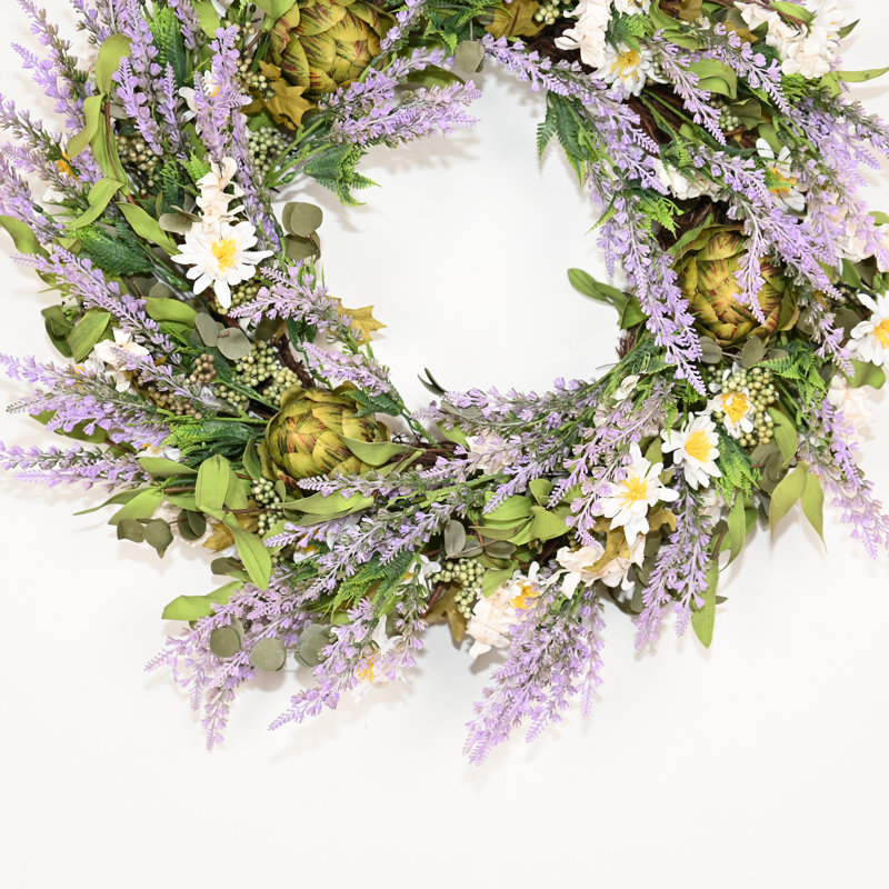 Couronne de fleurs artificielle 24 "printemps été été grappe de feuilles vertes artichaut fruit lavande baie de marguerite pour porte d'entrée