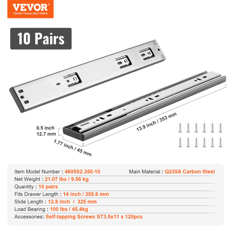 Full Extension 1.77'' Soft Close Side Mount Metal Drawer Slide, 1.3cm H x 4.5cm W x 35.6cm D