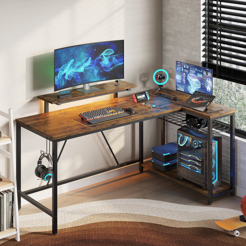 L-shaped Computer Desk with Power Outlet, Gaming Desk with Monitor Stand and Shelves, Rustic Brown/Black