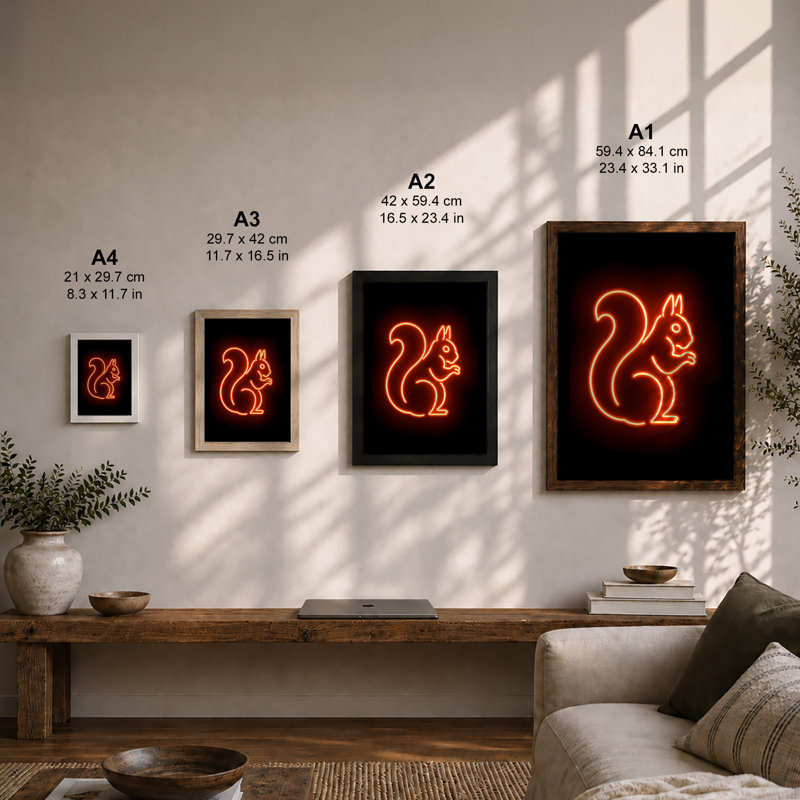 Neon Squirrel Sign Retro - Framed Print, Black, A3 - 42.0 x 29.7 cm
