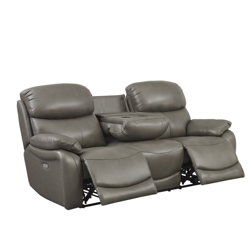 85.5''Wide Genuine Leather Pillow Arms Power Reclining Sofa With USB Charger And 2 Cup Holders, Gray