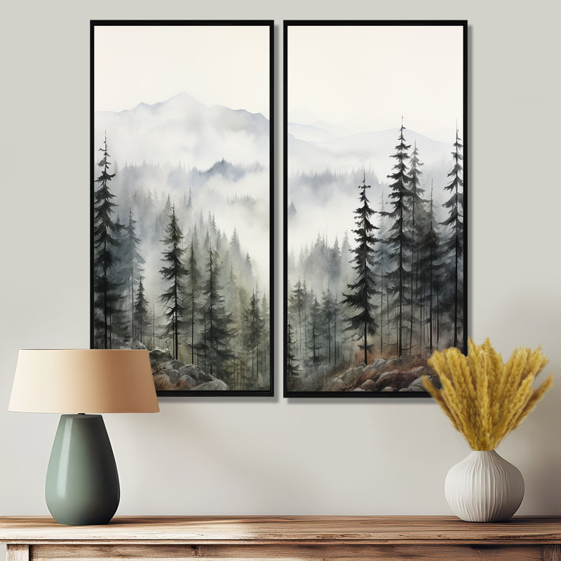 Pin, Misty Mountain II - art mural vert, H 20 po x l 24 po, Noir, Reproduction encadrée sans passe-partout