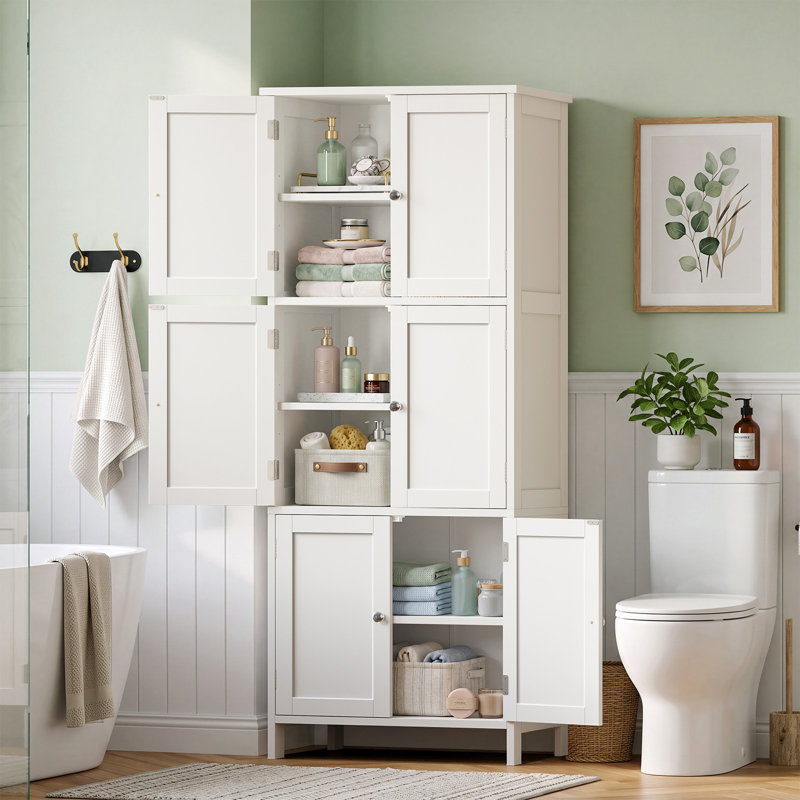 Armoire de rangement haute pour salle de bain avec 6 portes, armoire de rangement autoportante avec tablettes réglables, armoire de rangement pour cuisine, salon, blanc