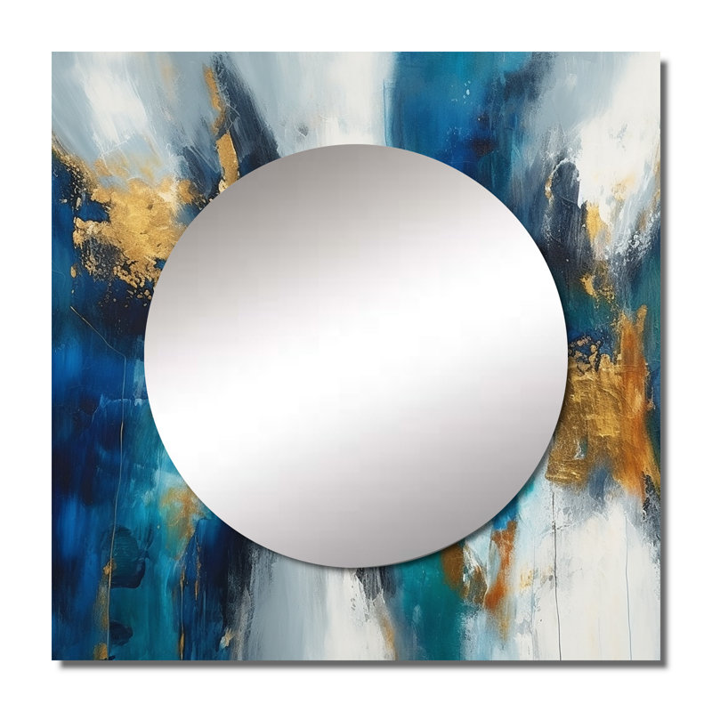 «Deep Knowing Abstract» en bleu royal et or IV - art mural abstrait miroir carré pour salle de bain, 36 po x 36 po