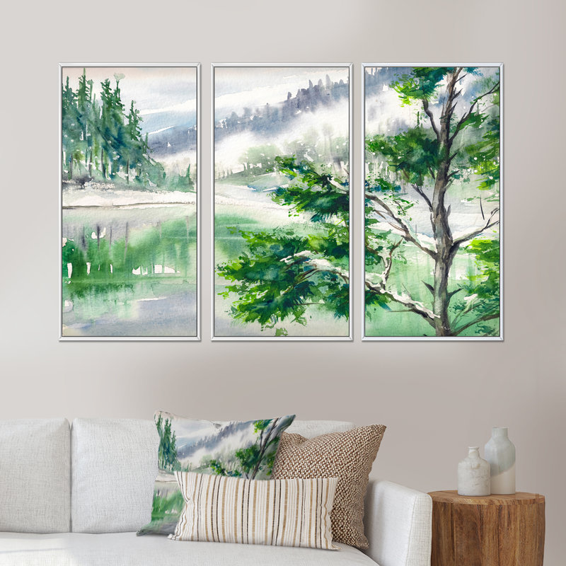 «Lake Watercolors Painted - Country», ensemble d'art mural sur toile encadré, H 28 po x l 36 po x P 1 po, Blanc