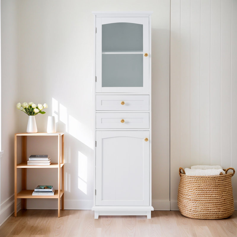 Armoire de salle de bain autoportante avec tiroirs, Blanc