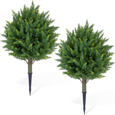 27inch Artificial Cypress Trees, Artificial Cedar Topiary Ball Trees UV Resistant Fake Evergreen Shrubs with Ground Spike for Outdoor Indoor Porch, Garden, Planters,Set of 2