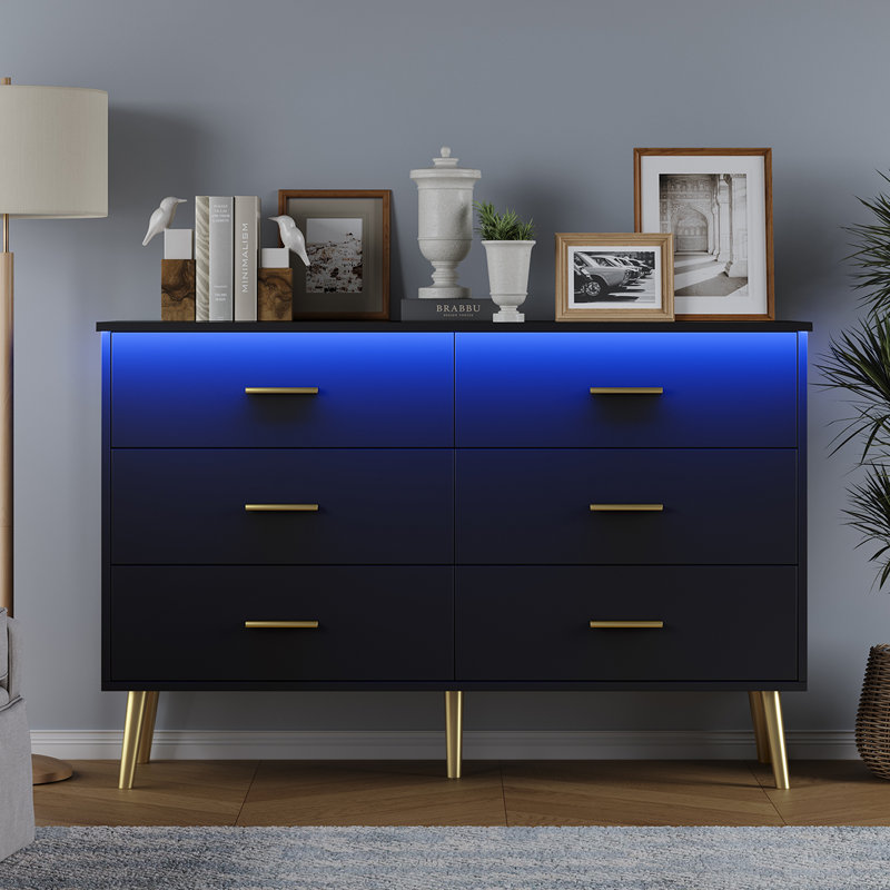 Roselynne 6 - Drawer Dresser with LED Light ,Chest of Dressers for Bedroom, Gold/Black