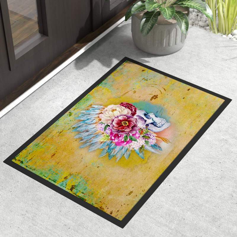 Tapis de porte d’extérieur anti-dérapant pour le crâne des fleurs, Jaune / Bleu, 36 po