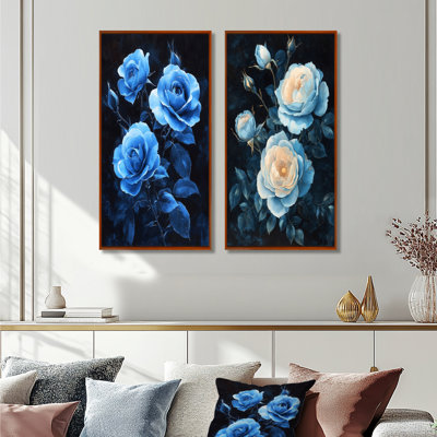 Dark Aqua Roses Elegance At Night I - Floral Canvas Art 2 Panels Collection