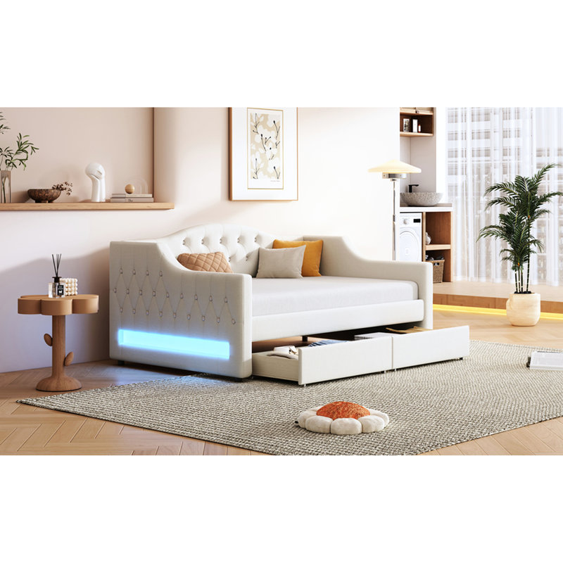 Beige Upholstered Twin Xl Daybed With Led Belt, 2 Drawers, And Frame For Rustic Home Linen Lighting, Wood Relaxing Bedroom