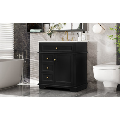 30-inch Freestanding Vanity, Black Finish, Ceramic Sink, Tip-out Drawer, Three Drawers, Door Shelf, Smooth And Silent Operation Of Drawers Bathroom Painted Hidden Storage, Stylish Functional, Decor