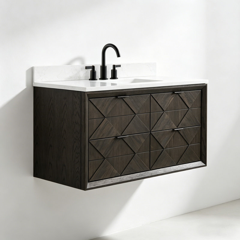 Meuble-lavabo flottant moyen en bois 48 po avec plateau en marbre d'ingénierie de 48 po, Brown