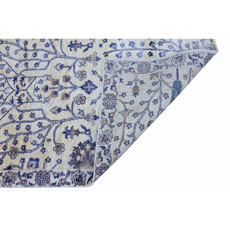 Tapis ivoire / bleu noué à la main de haute qualité, Rectangle de 5 pi x 8 pi