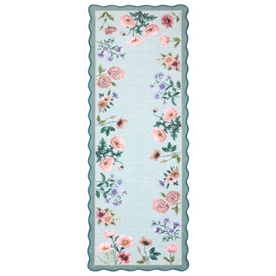 Farmhouse Floral Machine Washable Rug with Non Slip TPR Backing, Soft Non Shedding Scalloped Carpet, Low Pile Thin Floor Mats