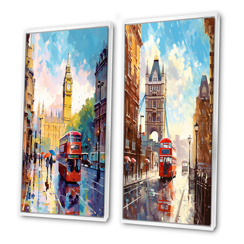 Vintage London UK Scenery - ensemble de 2 impressions sur toile City, Cadre flottant blanc, H 28 po x l 25 po