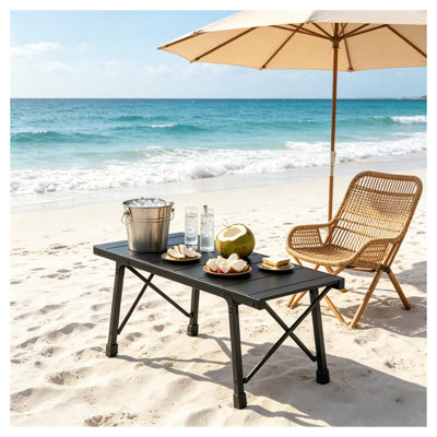 Foldable Aluminum Camp Table with Modular Tactical Top and Side Extension, Black