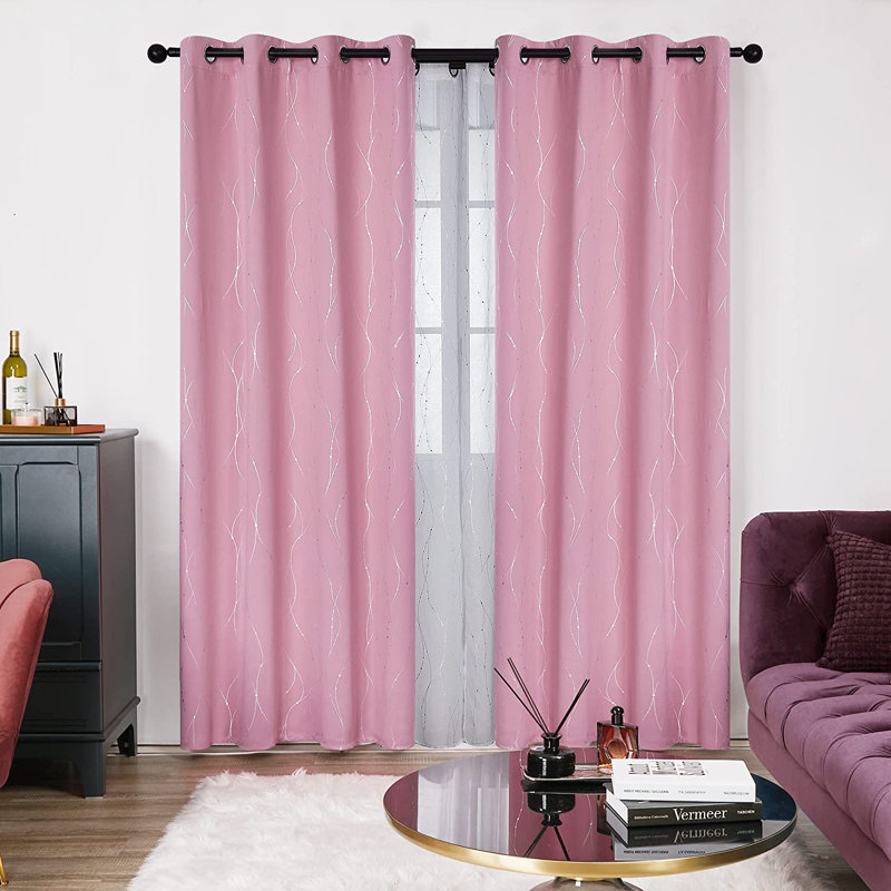 Senath Dotted Line Foil Printed Room Darkening Thermal Curtains, 132cm W x 160cm D, Pink