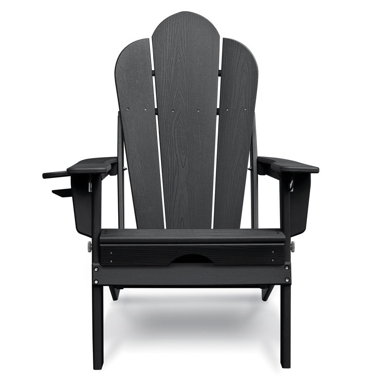 HDPE Folding Adirondack Chair With Retractable Footrest, Black