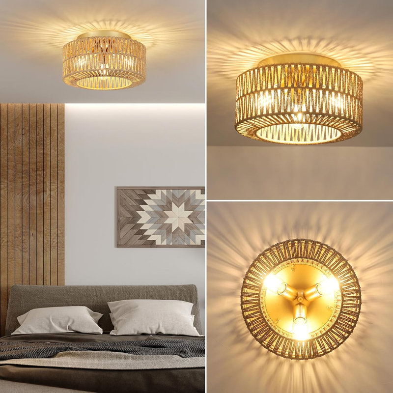 Boho Light Fixtures 3-Light Farmhouse Rattan Ceiling Light Flush Mount With Hand-Woven Shade
