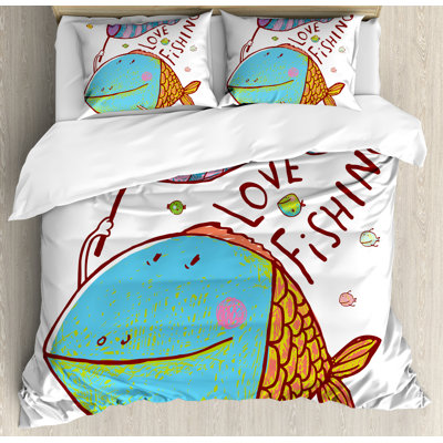 Ensemble de housse de couette pêche pour enfants avec gros gros poissons tenant un drapeau avec citation d'amour
