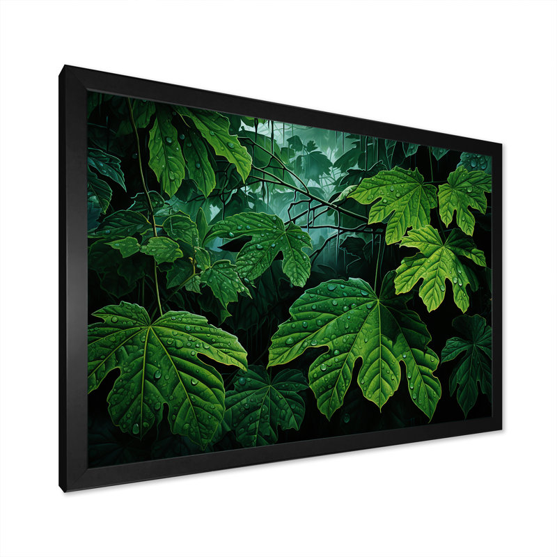 Toile émeraude, feuilles de forêt tropicale - herbes, reproduction d'art sur toile, Cadre simple noir