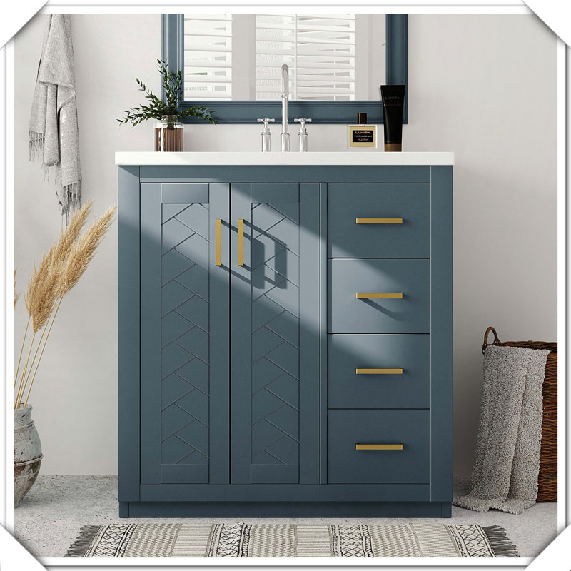 Meuble-lavabo autoportant en bois massif avec tiroirs en céramique, Bleu