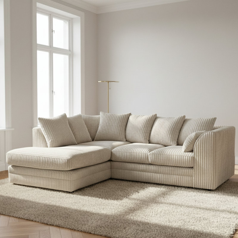 Soft Fabric Jumbo Cord 4 Seater L Shape with Foot Stool Upholstered Living Room Sets, Cream, Left Hand Facing
