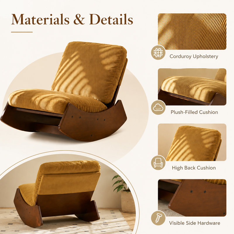 Chaise berçante en velours côtelé jaune, base en bois massif, fauteuil oscillant d'intérieur rembourré
