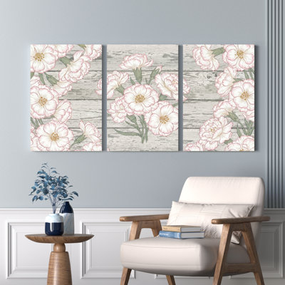 Floral Pink And White Flowers On Weathered Wood Canvas Wrapped Wall Art Oil Painting Print Set Of 3