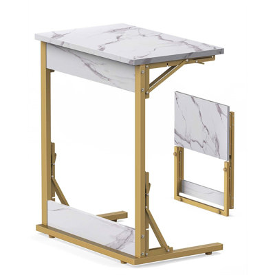 24" Folding Tv Tray Table, Marble C Shaped End Table For Couch
