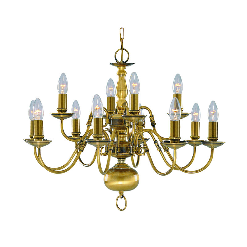 Scheele 12 - Light Candle Style Chandelier, Antique Brass