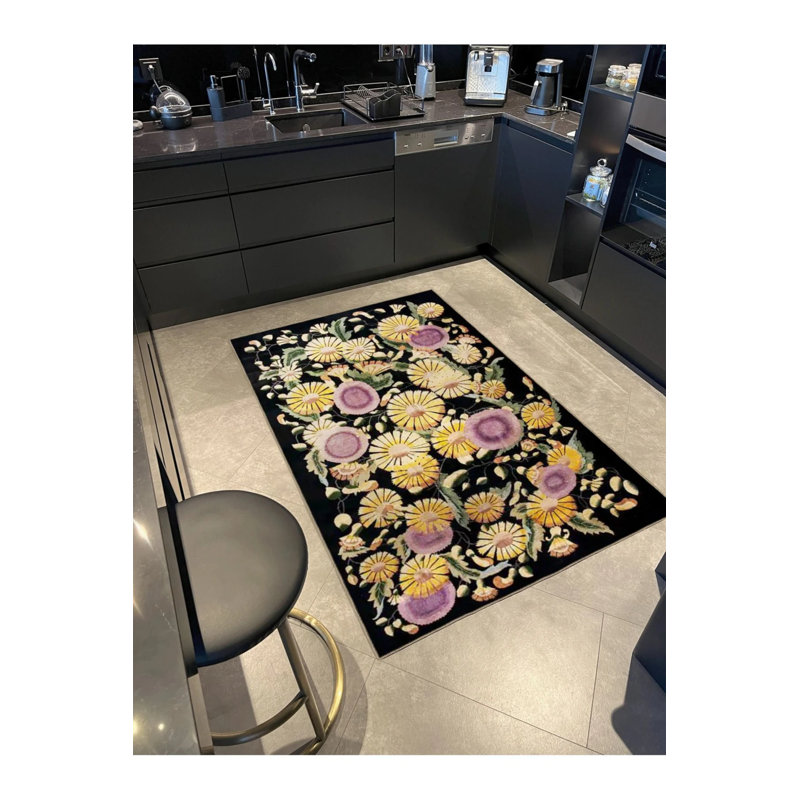 Tapis décoratif moderne à motif floral noir et jaune, Rectangle 5 pi 2 po x 7 pi 7 po