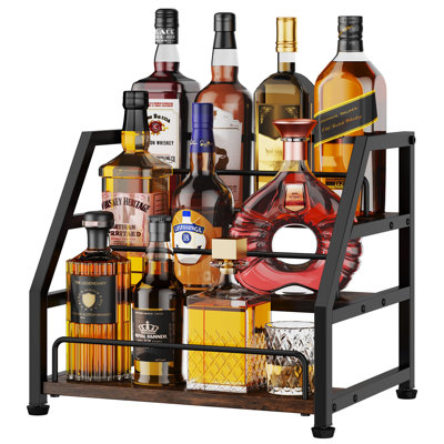 Étagère à bouteilles d'alcool - Bar à bouteilles à 3 niveaux avec barrière de protection, casier à vin de comptoir pour la maison