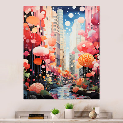 Bubble Gum Cityscape Horizon I - City Art Deco Metal Wall Art