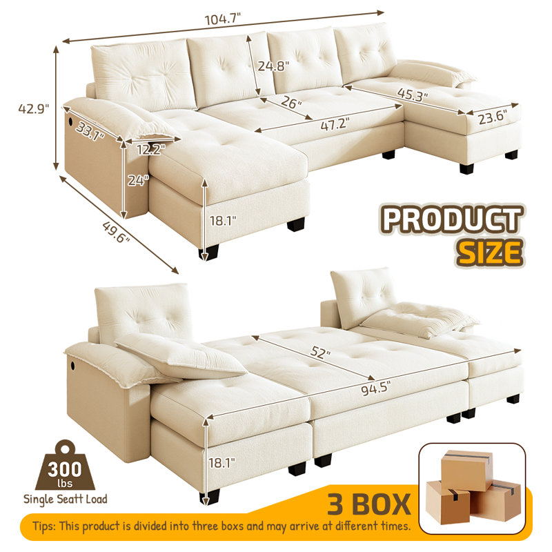 Canapé-lit 104,7 po en forme de U avec lit escamotable, beige, Chenille beige