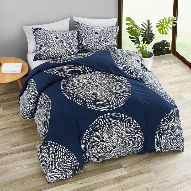Ensemble d'édredon en coton Marimekko Fokus, Édredon simple et 1 taie décorative, Bleu marine/blanc