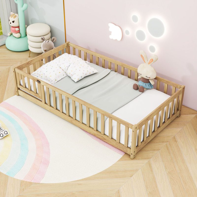 Wood Floor Bed With Fence, Natural, Twin
