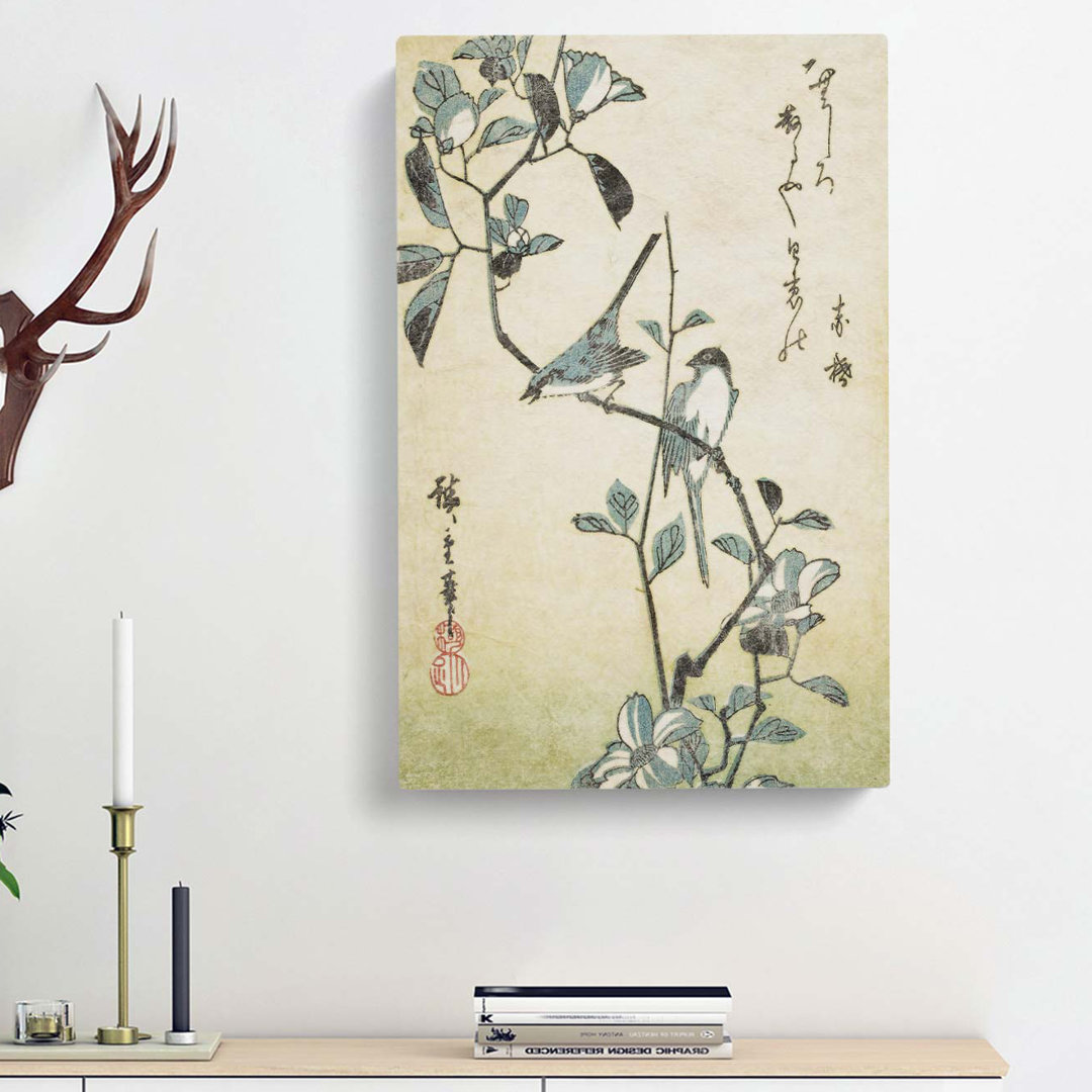 Birds on a Camellia Branch by Utagawa Hiroshige - Wrapped Canvas