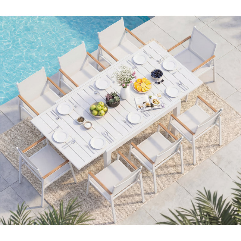 8-Person Expandable Aluminum Outdoor Dining Set, 8 Chairs with Textilene Fabric & HDPS Armrest, All-Weather Patio Furniture Set, Gray