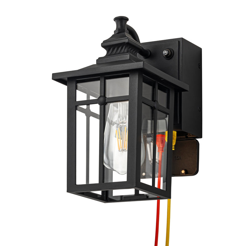 11in Matte Black Dusk To Dawn Outdoor Wall Lantern Sconce With Gfci Outlet