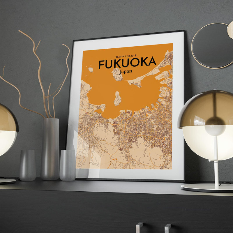Fukuoka, carte de la ville, impression rétro, H 24 po x l 18 po, Orange / or pâle