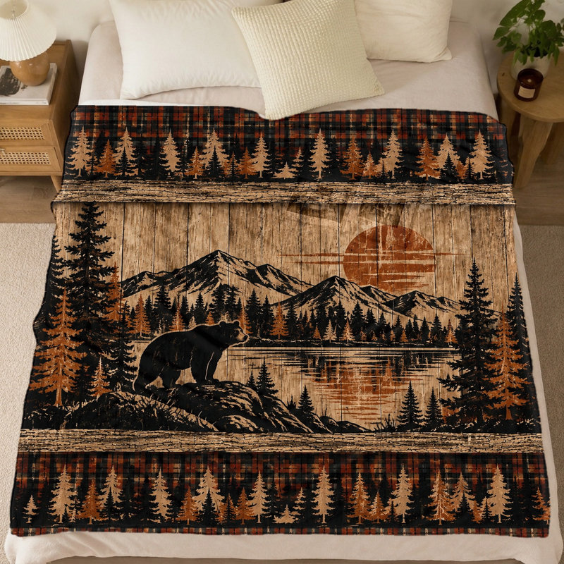 Couverture polaire imprimée Ours, Montagne et Lac (1 pièce) – Une face ; Douce, chaude et confortable ; Lavable à la machine ; Parfait pour la décoration intérieure, le divan, le lit, le camping ; Parfait pour les chambres d'ados ; Une idée cadeau originale.