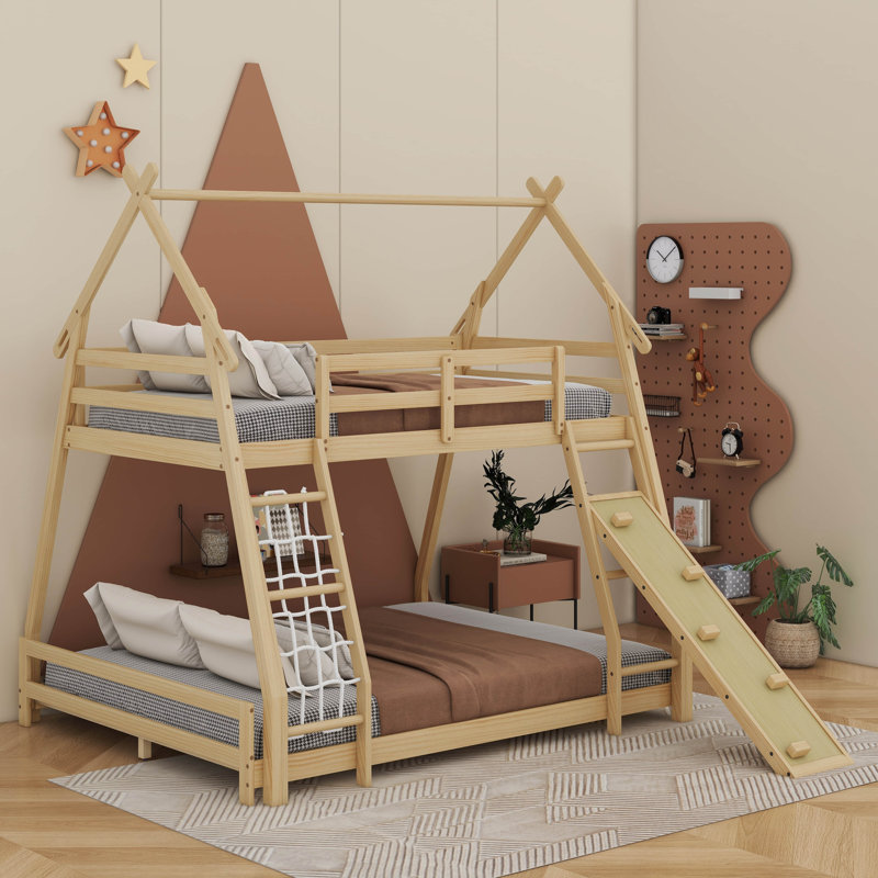Twin Over Queen House Bunk Bed With Climbing Nets And Climbing Ramp, Natural