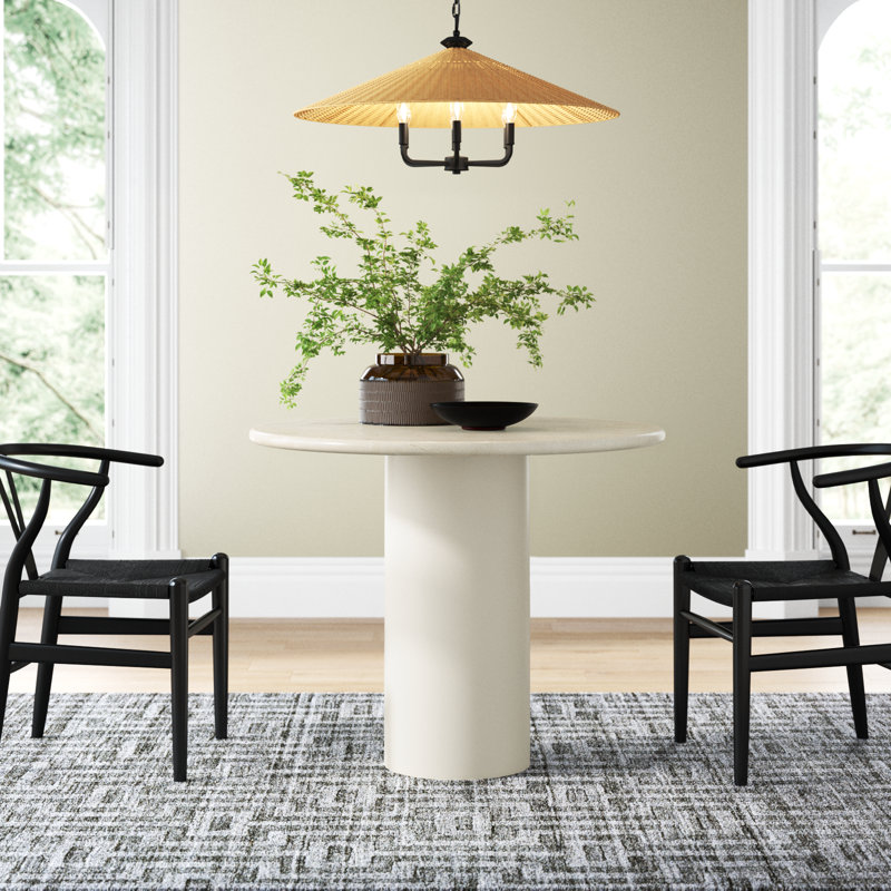 Calila Round Marble Top Metal Base Dining Table, Cream Marble/Ivory Iron