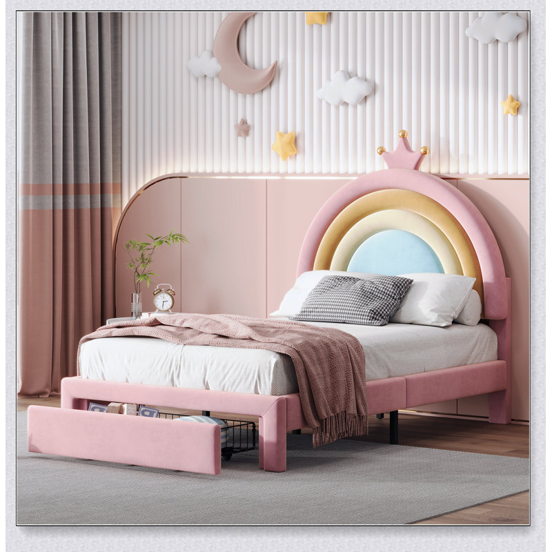Lit simple tapissier en velours arc-en-ciel avec tiroir de rangement, aucun sommier nécessaire, idéal pour les chambres de princesse