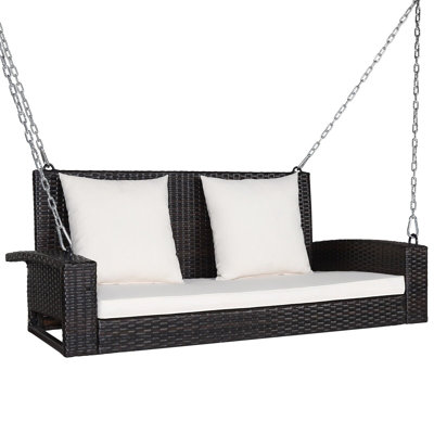 2-Seat Patio Rattan Porch Swing Loveseat Outdoor Hanging Swing Bench W/ Cushions