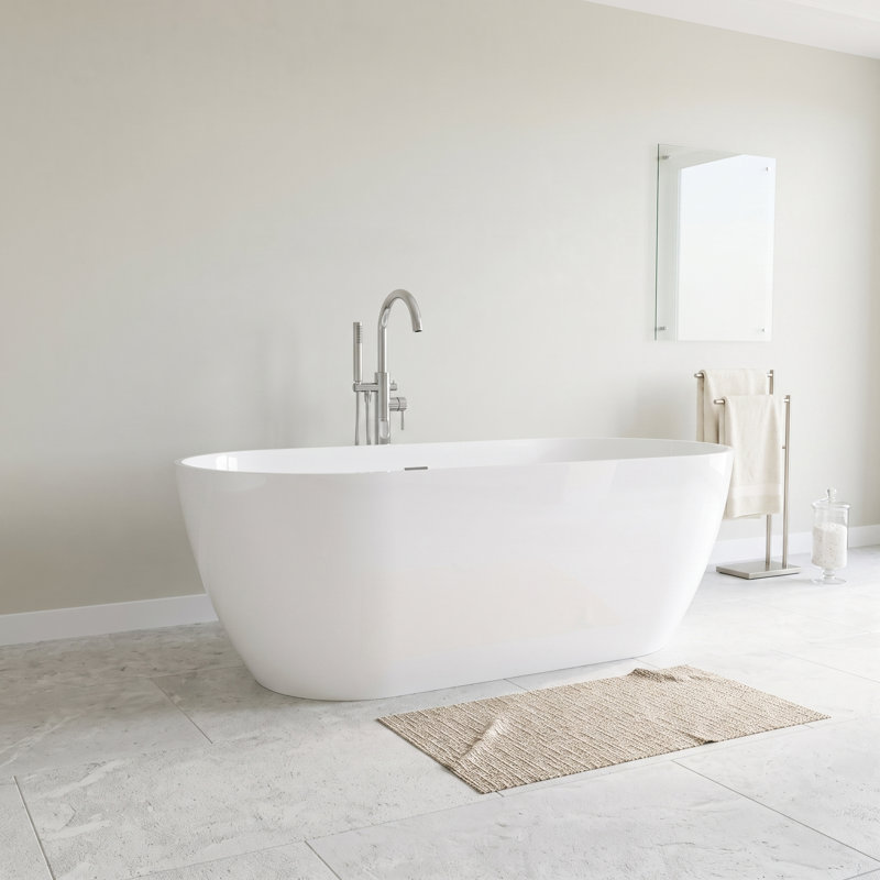 Baignoire autoportante contemporaine en résine d'ingénierie en pierre solide de 63 po x 29,5 po, fonction de trempage profond avec trop-plein et bonde escamotable, blanc brillant