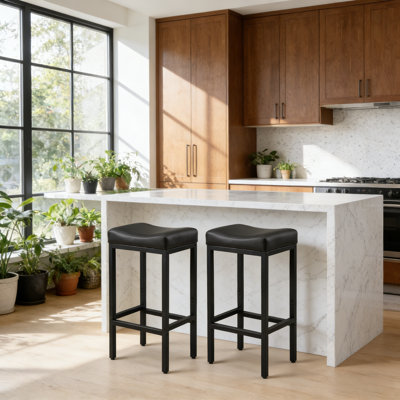 Bar Stools Set Of 2, 30.25" Backless Counter Height Bar Stools With Soft Leather Seat And With Footrest, 400 LB Heavy Duty Padded Saddle Barstool Chair For Modern Kitchen Island Counter