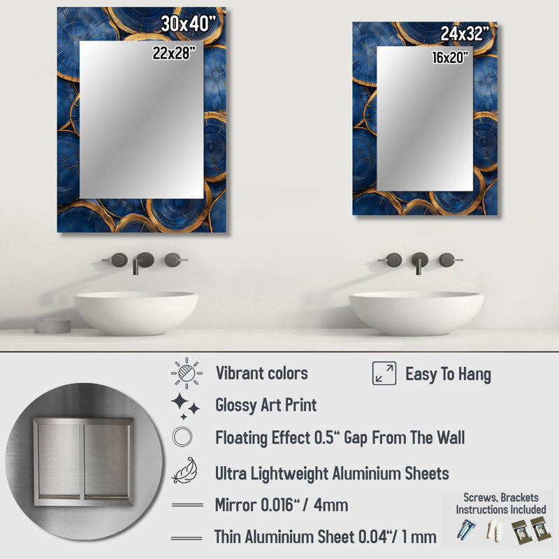 Mysteries Of Aqua Wood Slice II - Tree Decorative Mirror, Modern Wall Mirror, Printed Metal Art, 32" x 24"